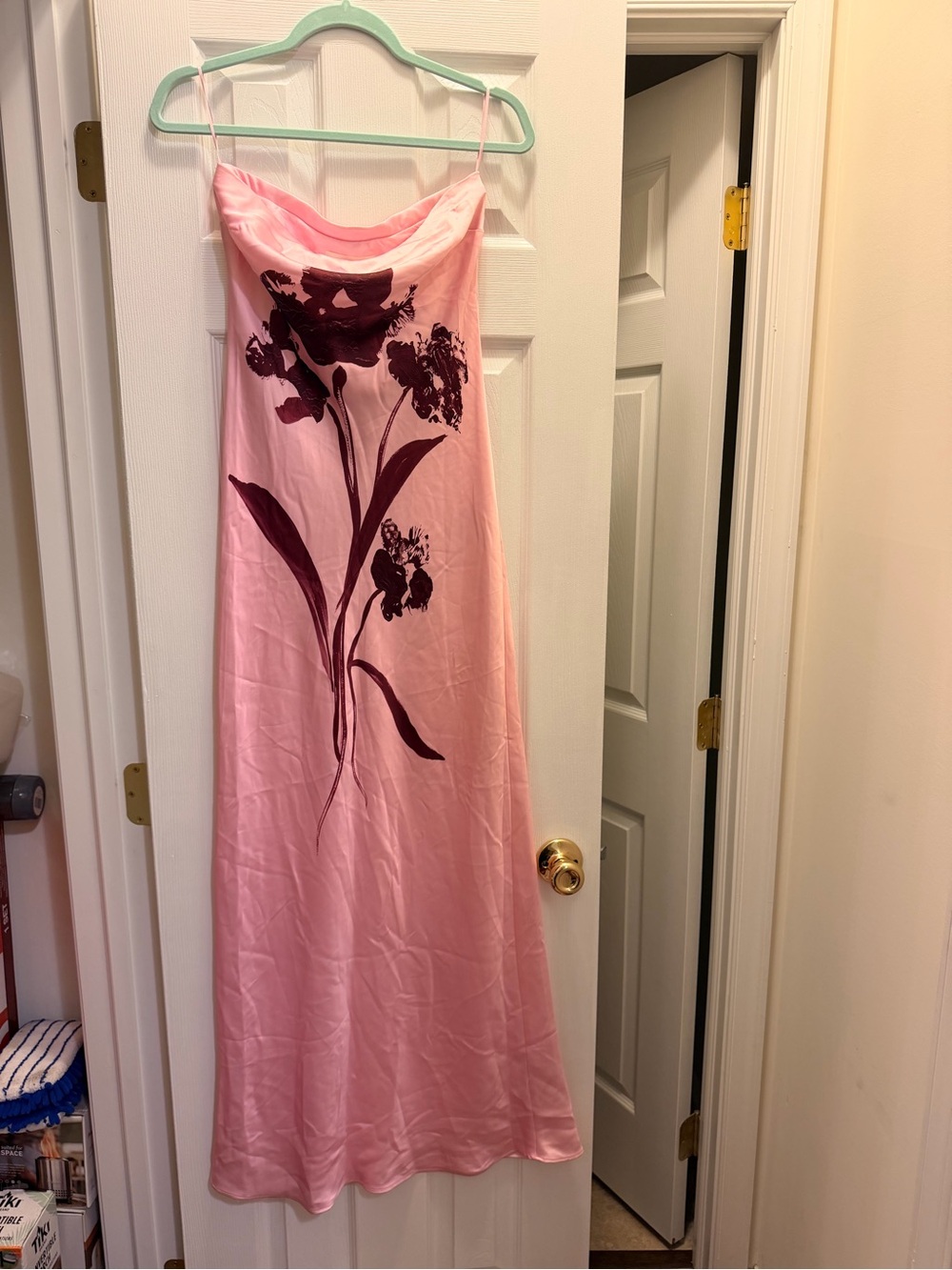 Anthropologie Pink Strapless Slip Dress with Dark Maroon Floral Print